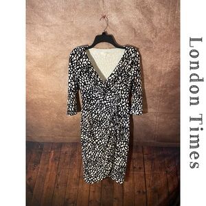 London Times Black/white animal print LS Faux Wrap Dress-women’s size 6-EUC